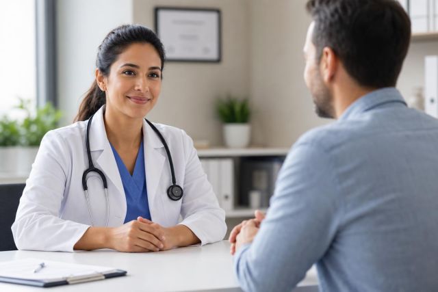 Clinician in white coat consulting a patient in a bright clinic office during a preoperative cost discussion.