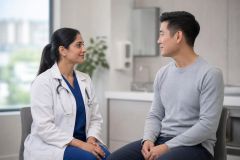 Doctor and patient seated in clinic during calm consultation about treatment and care.