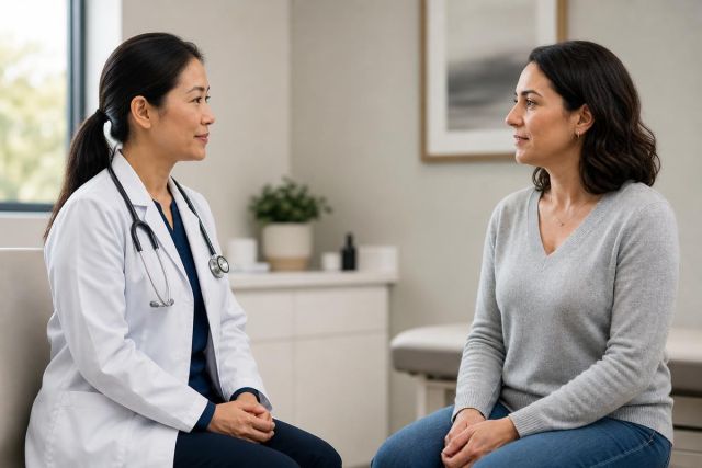 Doctor and patient seated in a calm exam room discussing treatment options and care.