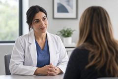 Doctor in white coat consulting a patient in a calm medical office discussing care.