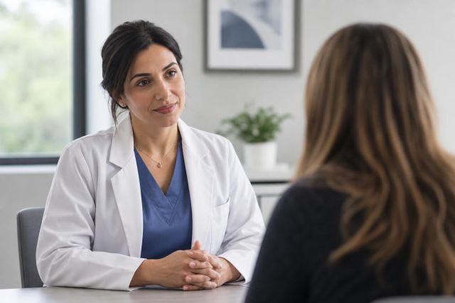 Doctor in white coat consulting a patient in a calm medical office discussing care.