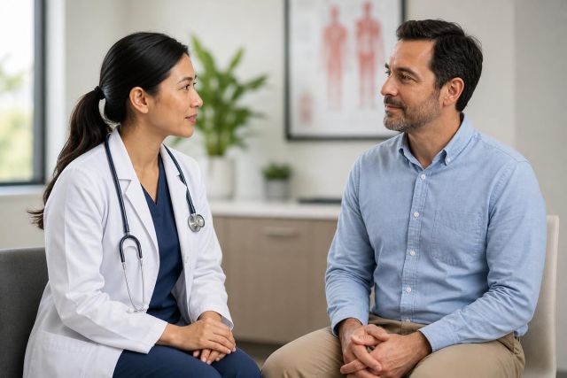 Doctor speaking with a male patient in a calm clinical consultation room, discussing care.