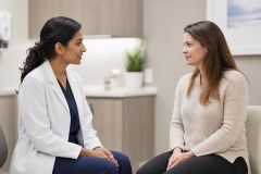 Doctor and patient in clinic consultation discussing care and treatment options.