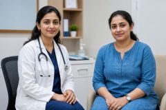Doctor and patient seated in consultation room discussing treatment options in calm clinical setting