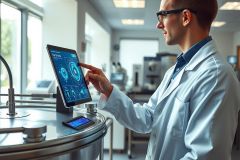 Scientist in lab coat examining data on a tablet screen. Modern research environment with equipment. Focus on technology and scientific analysis.