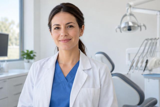 Smiling female dentist in scrubs and white coat standing in a bright dental clinic
