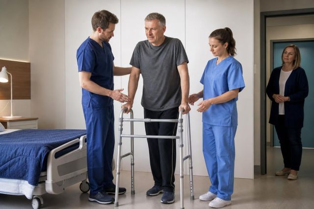 Patient using walker in hospital room, nurses assisting mobility practice for post-hip surgery discharge.