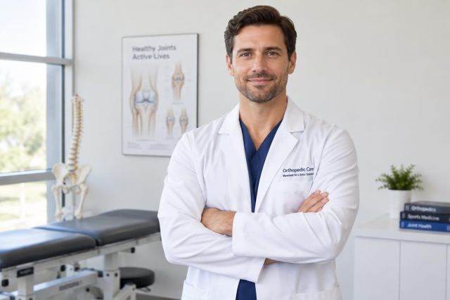 Orthopedic doctor in white coat standing confidently in clinic room with spine model, exam table.