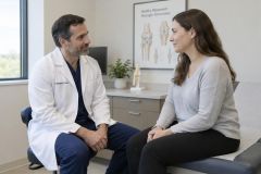 Orthopedic surgeon consulting a patient in exam room with knee anatomy poster visible.