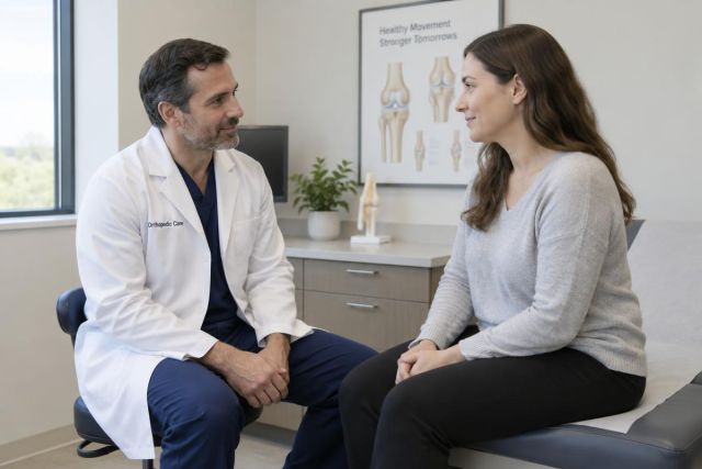 Orthopedic surgeon consulting a patient in exam room with knee anatomy poster visible.