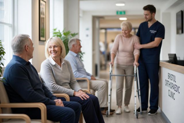 Elderly patients in orthopaedic clinic waiting area; clinician assists walker beside reception desk.