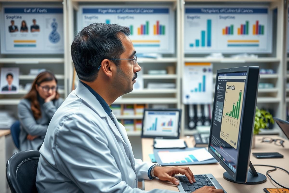The image depicts a work environment where two people are seated at desks. One individual is wearing a white lab coat and glasses, suggesting a scientific or medical context. The person is using a computer with multiple screens displaying data graphs and charts, indicating some sort of analysis or research activity.