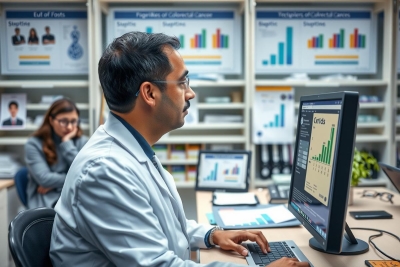 The image depicts a work environment where two people are seated at desks. One individual is wearing a white lab coat and glasses, suggesting a scientific or medical context. The person is using a computer with multiple screens displaying data graphs and charts, indicating some sort of analysis or research activity.