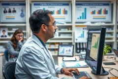 The image depicts a work environment where two people are seated at desks. One individual is wearing a white lab coat and glasses, suggesting a scientific or medical context. The person is using a computer with multiple screens displaying data graphs and charts, indicating some sort of analysis or research activity.