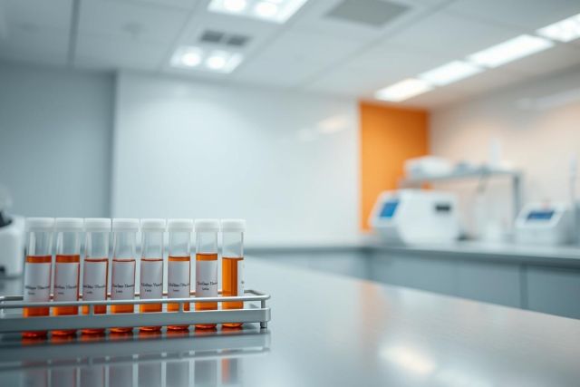 Laboratory scene with row of test tubes in a rack. Orange liquid samples are visible in the white tubes. Modern lab equipment and a clean, white environment suggest medical or scientific research. Focus on analysis and diagnostics.
