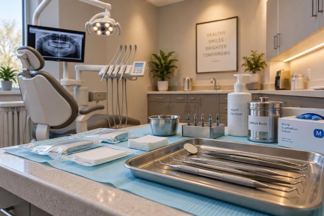 Dental operatory prepared for bonding with instrument tray, patient chair, and x-ray monitor visible.