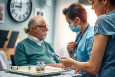 The image depicts a medical setting where two healthcare professionals, a doctor and a nurse, are attending to an elderly patient. The environment is clean and well-lit, typical of a modern hospital or clinic.
