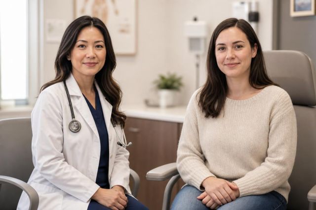 Doctor and patient seated in exam room during a calm clinical consultation about respiratory symptoms.