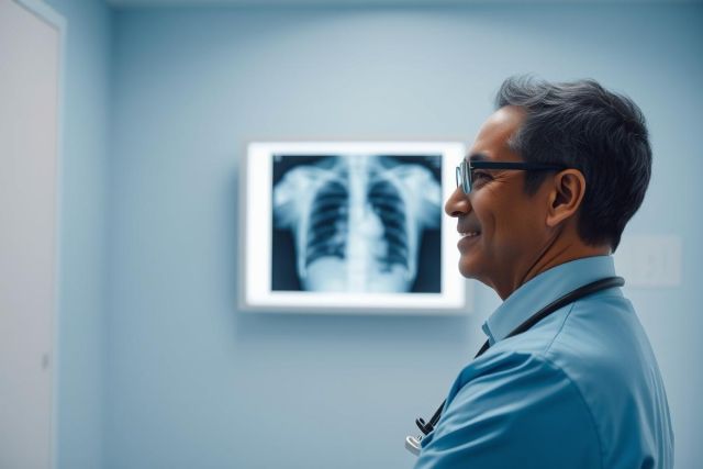 Doctor examining chest X-ray in a medical clinic. The image shows a male physician in a blue uniform looking at a lung scan displayed on a wall, highlighting healthcare, diagnostics, and radiology. Cool blue tones dominate the scene.