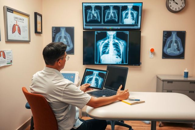 The image shows a medical professional, specifically a radiologist or similar specialist, in what appears to be a diagnostic imaging room. The individual is seated at a workstation with multiple computer monitors displaying chest X-ray images. 