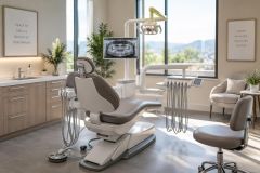 Modern dental operatory with treatment chair, dental tools, and panoramic x‑ray monitor.
