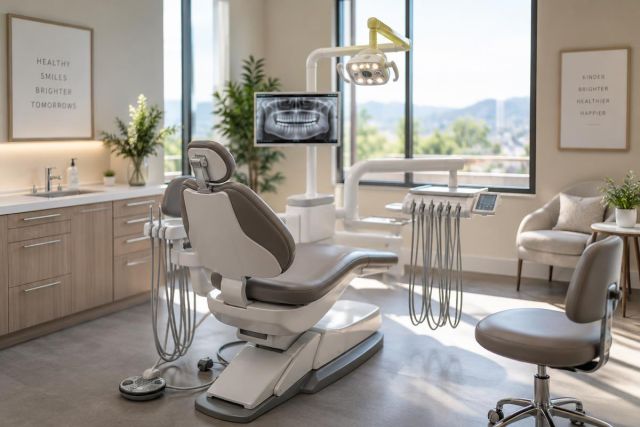 Modern dental operatory with treatment chair, dental tools, and panoramic x‑ray monitor.