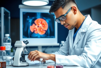 The image features a scientist in a laboratory setting, examining slides under a microscope. He is dressed in professional attire including a white lab coat and eyeglasses. The environment suggests a modern scientific research facility with various pieces of equipment visible, such as microscopes, test tubes, and a laptop screen displaying medical images.