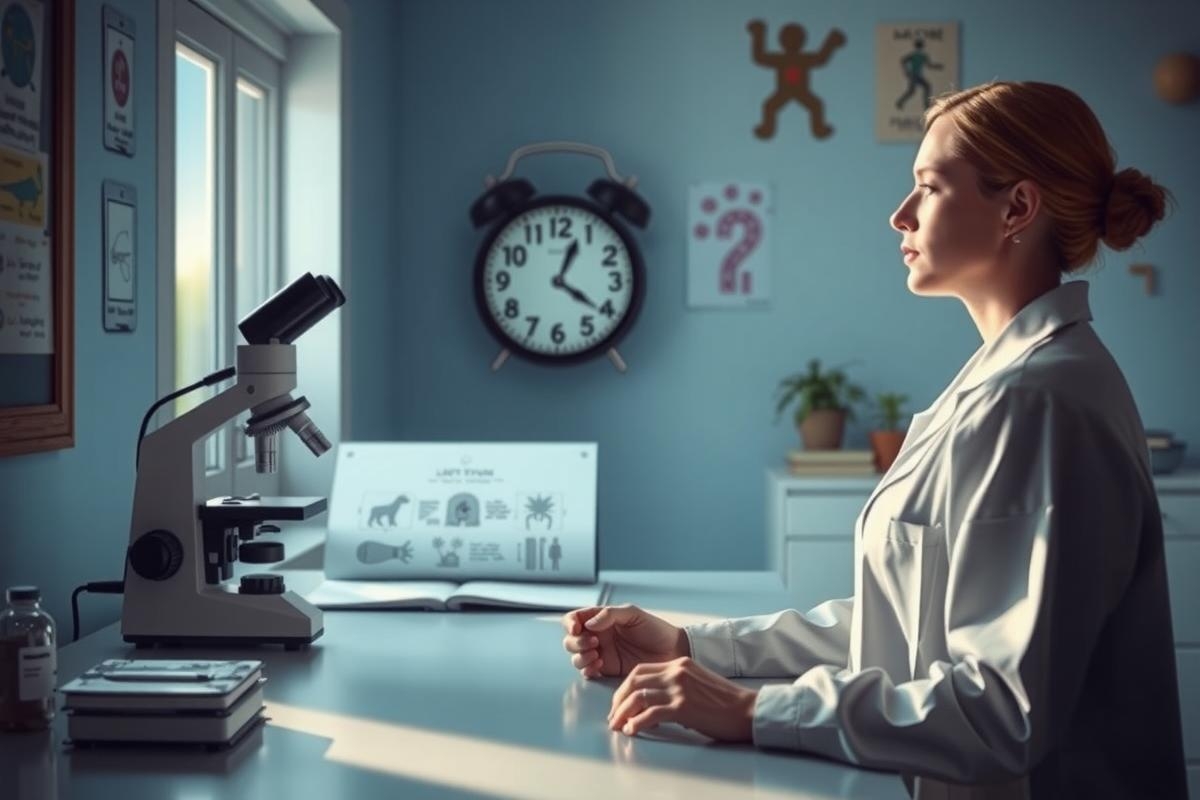 The image features a woman who appears to be in a scientific setting. She is dressed in white laboratory attire, which could suggest she is a scientist or researcher. The woman stands behind a lab bench equipped with various scientific instruments such as test tubes and possibly other experimental apparatus.