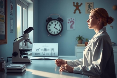 The image features a woman who appears to be in a scientific setting. She is dressed in white laboratory attire, which could suggest she is a scientist or researcher. The woman stands behind a lab bench equipped with various scientific instruments such as test tubes and possibly other experimental apparatus.