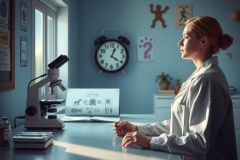 The image features a woman who appears to be in a scientific setting. She is dressed in white laboratory attire, which could suggest she is a scientist or researcher. The woman stands behind a lab bench equipped with various scientific instruments such as test tubes and possibly other experimental apparatus.