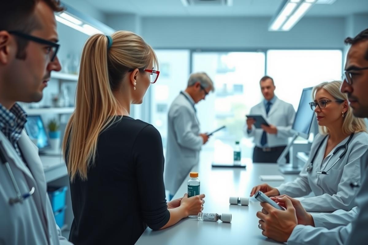 In the image, we see a group of professionals in a laboratory setting. There are six people visible: four men and two women. The individuals appear to be engaged in a collaborative discussion or meeting around a white counter that has various pieces of scientific equipment on it.