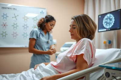 The image shows a medical setting where a woman is lying on an examination table, possibly receiving care from a healthcare professional. The environment suggests a clinical or hospital environment.