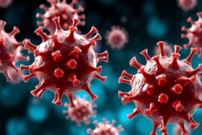 Close-up of a virus particle with multiple red spheres and spikes floating in a dark blue background, symbolizing an outbreak or pandemic.