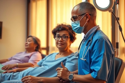 In this image, there are three individuals in a clinical setting. The person on the left appears to be an attendant or nurse wearing scrubs and glasses, with their hands together as if speaking or listening carefully.