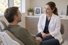 Dentist consulting with a seated patient in a modern dental exam room, reassuring conversation.