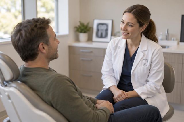 Dentist consulting with a seated patient in a modern dental exam room, reassuring conversation.