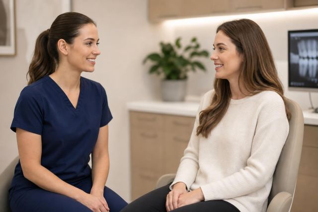 Dental clinician in scrubs consulting a smiling patient in exam chair with visible dental X‑ray.
