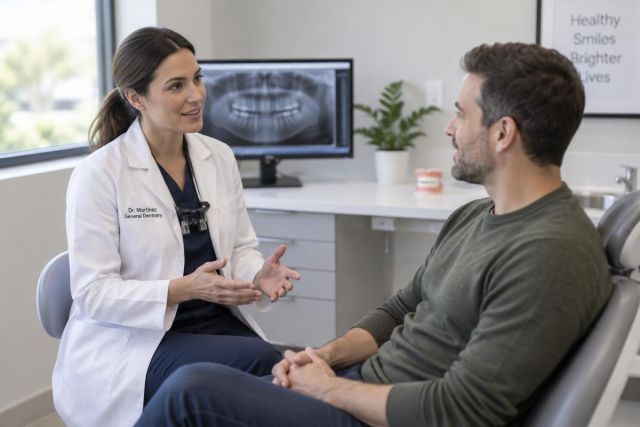 Dentist consulting a male patient in a modern exam room with dental X-ray visible.
