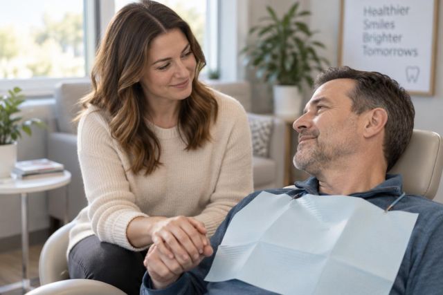 Supportive partner holding hand of a dental patient reclined in a bright clinic.