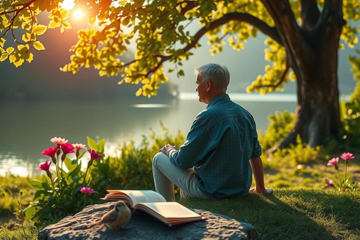 A man in a serene setting, reading a book under the sun. He is seated on a grassy area with a body of water nearby. A pink flower bed adds a pop of color to the scene.