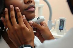 Close-up of a medical professional examining a patient's ear with an otoscope. White coat, focused healthcare setting. Focus on detail, potentially showcasing a diagnostic procedure.