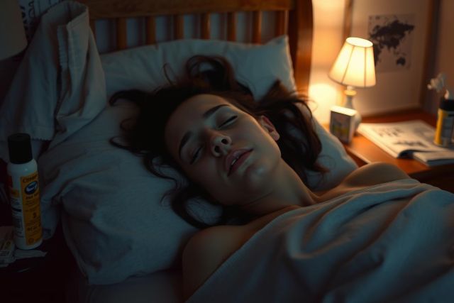 A woman is lying in bed, sleeping with her eyes closed. The room has a dim light, and there's a lamp on the nightstand beside her. She is wearing pajamas and appears to be resting peacefully.