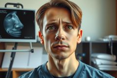 The image shows a young man in a clinical setting, possibly a doctor's office. He is wearing a blue patient coat, suggesting he may be a patient being examined.
