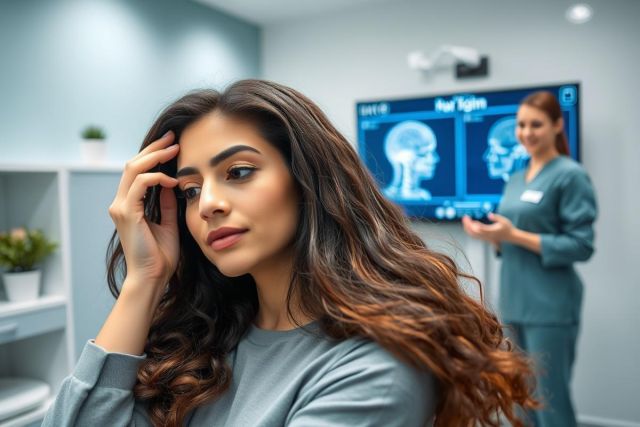 Concerned young woman in a medical clinic setting, possibly experiencing a headache or neurological issue. A doctor is visible in the background with a brain scan displayed on a screen. Predominant colors are blue, gray, and brown. Healthcare, medical examination, and patient care themes are evident.