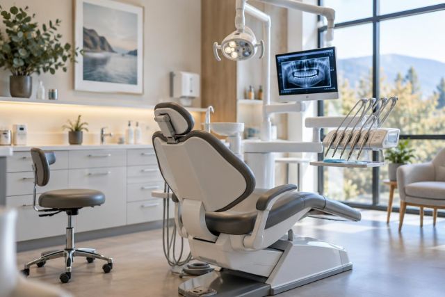 Dental operatory with patient chair, instruments, and panoramic X‑ray monitor by window.