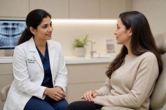 Dentist consulting with patient in modern dental clinic discussing treatment plans and X-rays.