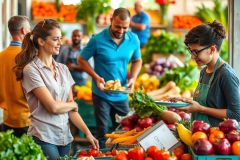 The image depicts a bustling farmer's market scene with people shopping for fresh produce. There are several individuals standing around, engaged in conversations or examining the goods on offer.