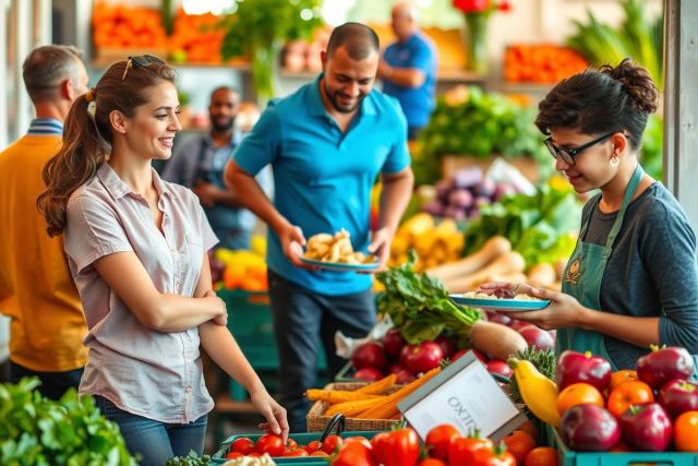 The image depicts a bustling farmer's market scene with people shopping for fresh produce. There are several individuals standing around, engaged in conversations or examining the goods on offer.