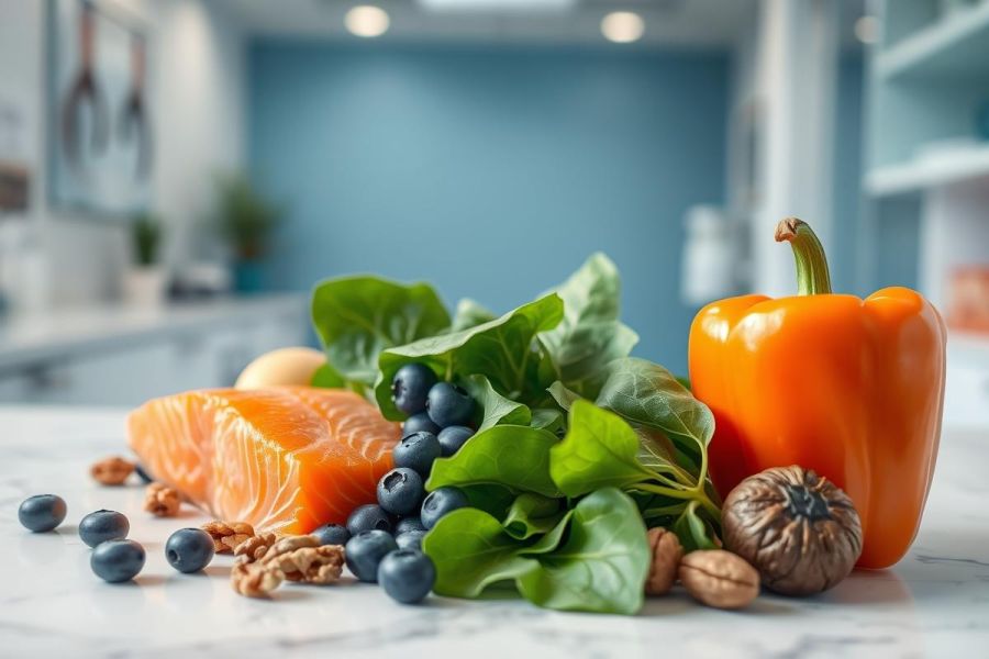 Healthy food ingredients: salmon, blueberries, spinach, orange pepper, and walnuts arranged on a white marble surface. Vibrant colors and a modern kitchen backdrop emphasize a nutritious, balanced diet concept.