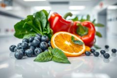 Vibrant still life of fresh produce: blueberries, spinach, red bell peppers, and orange slices. Bright, colorful fruits and vegetables arranged on a white surface in a modern, clean kitchen setting. Healthy food, wellness, and nutritious ingredients concept.